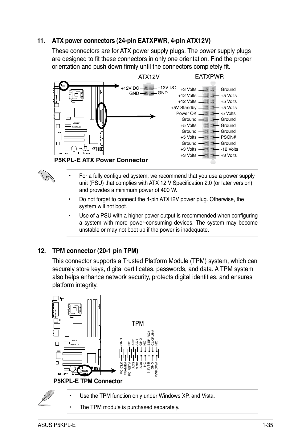 P5kpl-e atx power connector, Eatxpwr, Atx12v | Asus P5KPL-E User Manual | Page 47 / 98