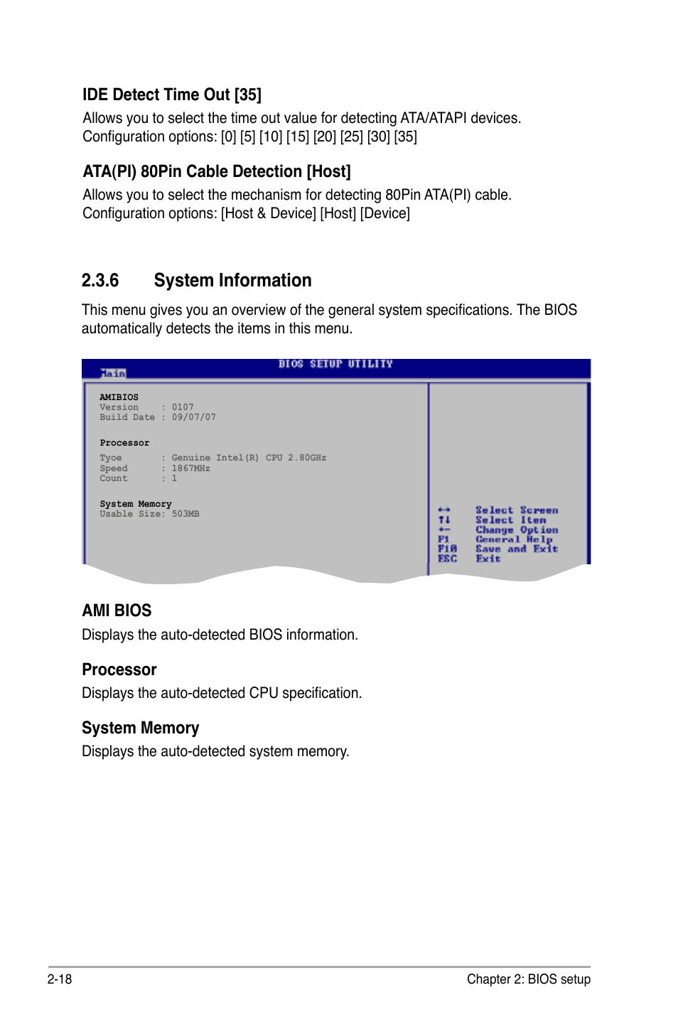 6 system information, Ami bios, Processor | Ide detect time out [35, Ata(pi) 80pin cable detection [host | Asus P5KPL-E User Manual | Page 68 / 98