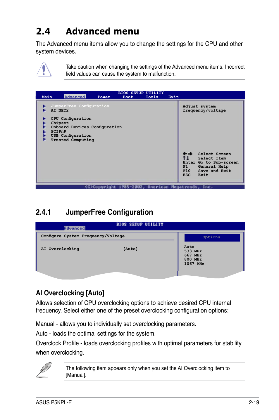 4 advanced menu, 1 jumperfree configuration, Ai overclocking [auto | Asus P5KPL-E User Manual | Page 69 / 98