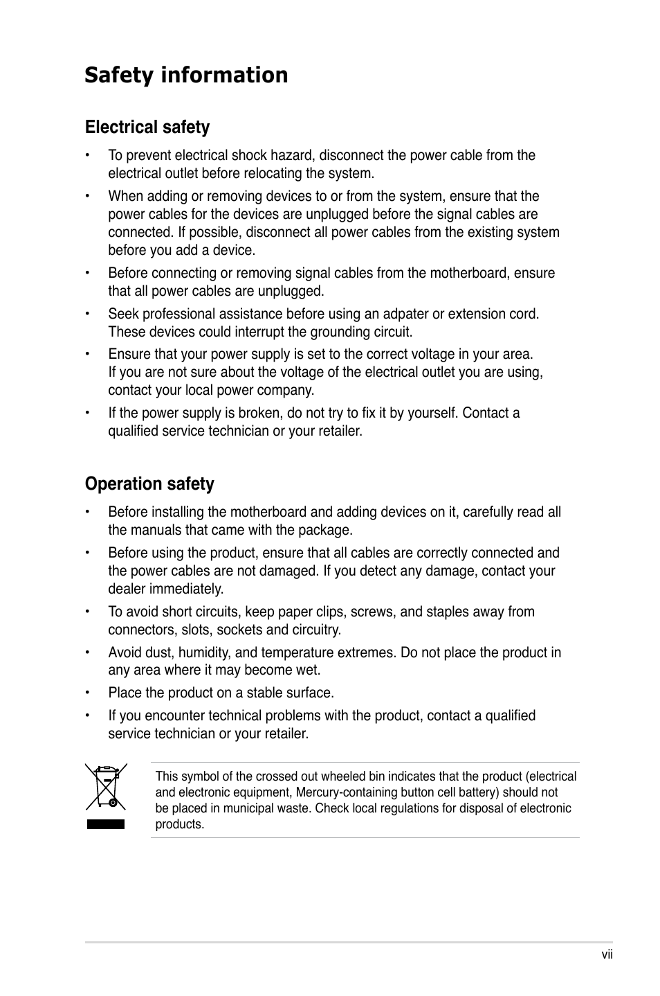 Safety information, Electrical safety, Operation safety | Asus P5KPL-E User Manual | Page 7 / 98