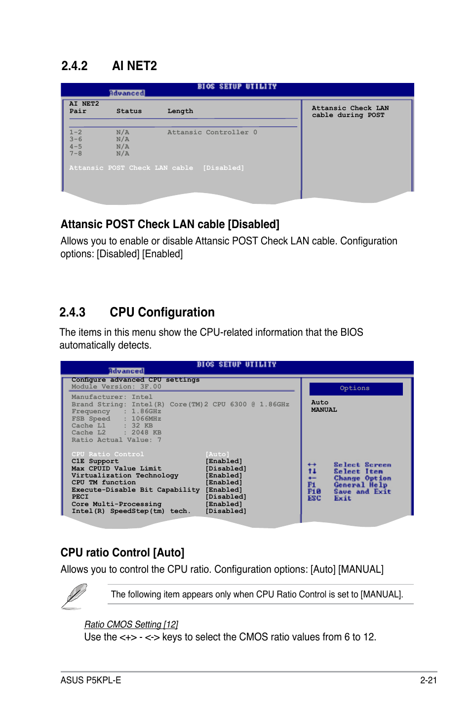 3 cpu configuration, 2 ai net2, Attansic post check lan cable [disabled | Cpu ratio control [auto | Asus P5KPL-E User Manual | Page 71 / 98