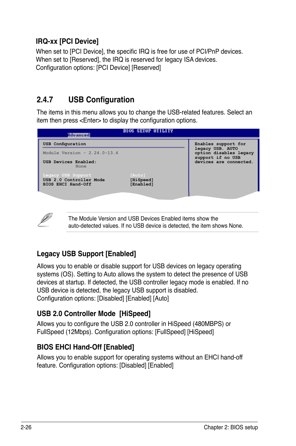 7 usb configuration, Legacy usb support [enabled, Usb 2.0 controller mode [hispeed | Bios ehci hand-off [enabled, Irq-xx [pci device | Asus P5KPL-E User Manual | Page 76 / 98