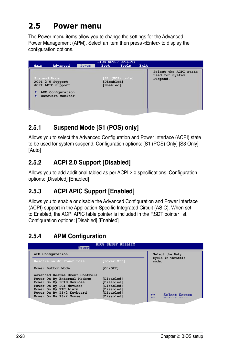 5 power menu, 1 suspend mode [s1 (pos) only, 2 acpi 2.0 support [disabled | 3 acpi apic support [enabled, 4 apm configuration | Asus P5KPL-E User Manual | Page 78 / 98