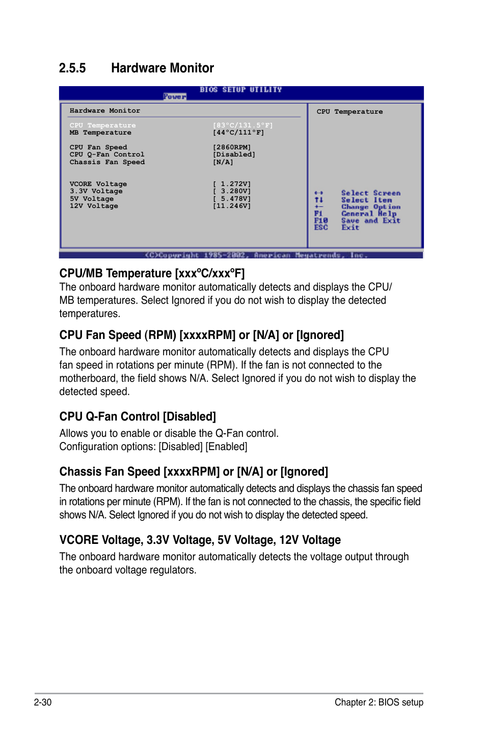 5 hardware monitor, Cpu/mb temperature [xxxºc/xxxºf, Cpu q-fan control [disabled | Asus P5KPL-E User Manual | Page 80 / 98