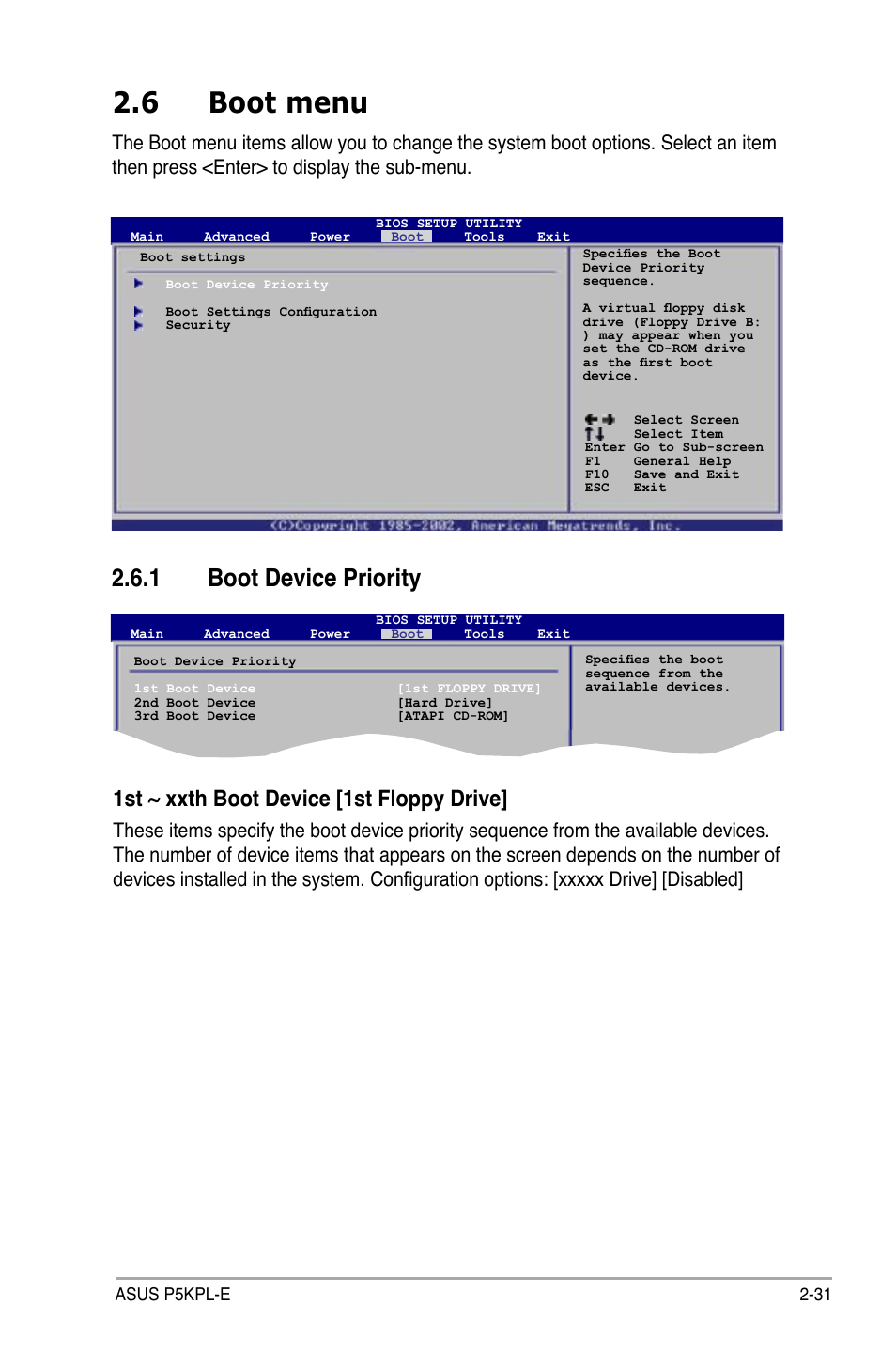 6 boot menu, 1 boot device priority, 1st ~ xxth boot device [1st floppy drive | Asus P5KPL-E User Manual | Page 81 / 98