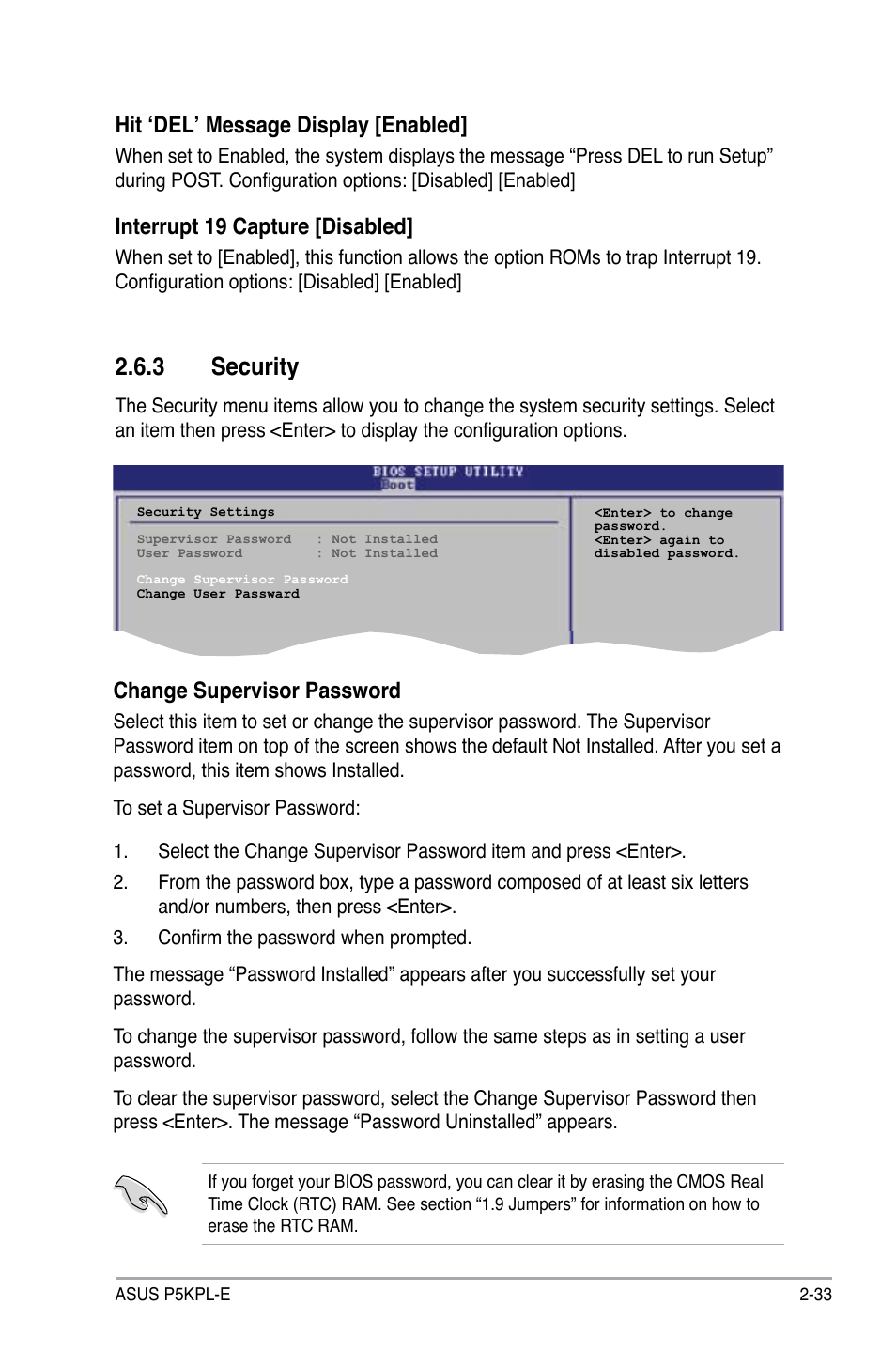 3 security, Hit ‘del’ message display [enabled, Interrupt 19 capture [disabled | Change supervisor password | Asus P5KPL-E User Manual | Page 83 / 98