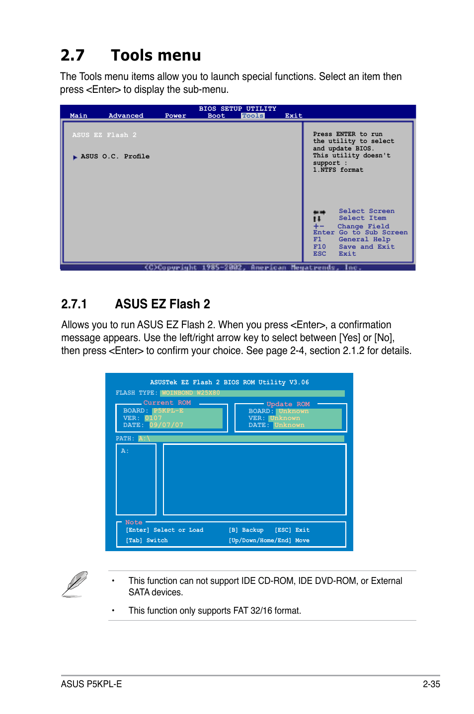 7 tools menu, 1 asus ez flash 2 | Asus P5KPL-E User Manual | Page 85 / 98