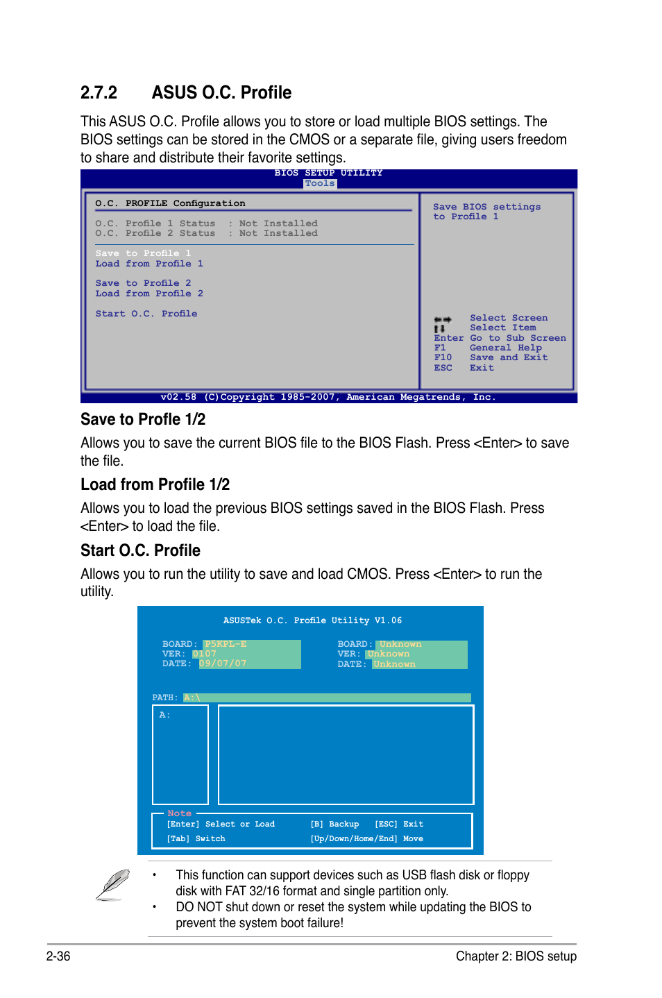 2 asus o.c. profile, Save to profle 1/2, Load from profile 1/2 | Start o.c. profile | Asus P5KPL-E User Manual | Page 86 / 98