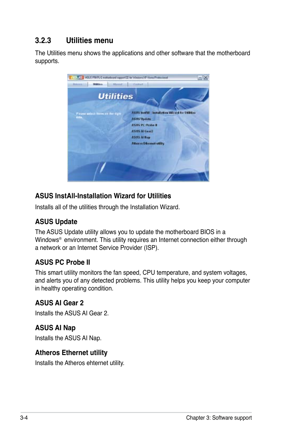 3 utilities menu | Asus P5KPL-E User Manual | Page 92 / 98