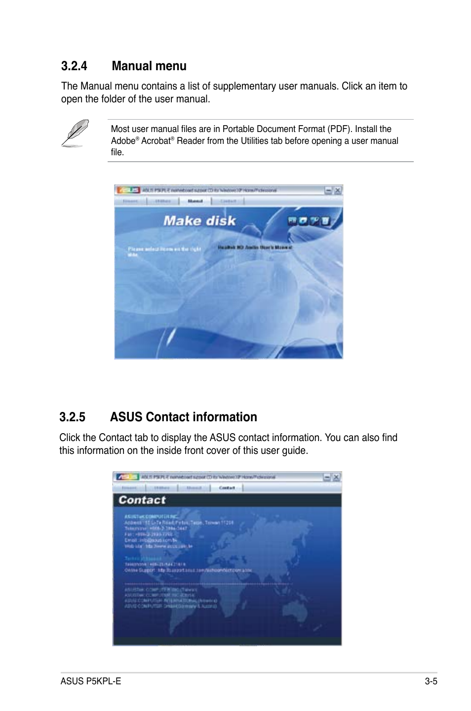 5 asus contact information, 4 manual menu | Asus P5KPL-E User Manual | Page 93 / 98