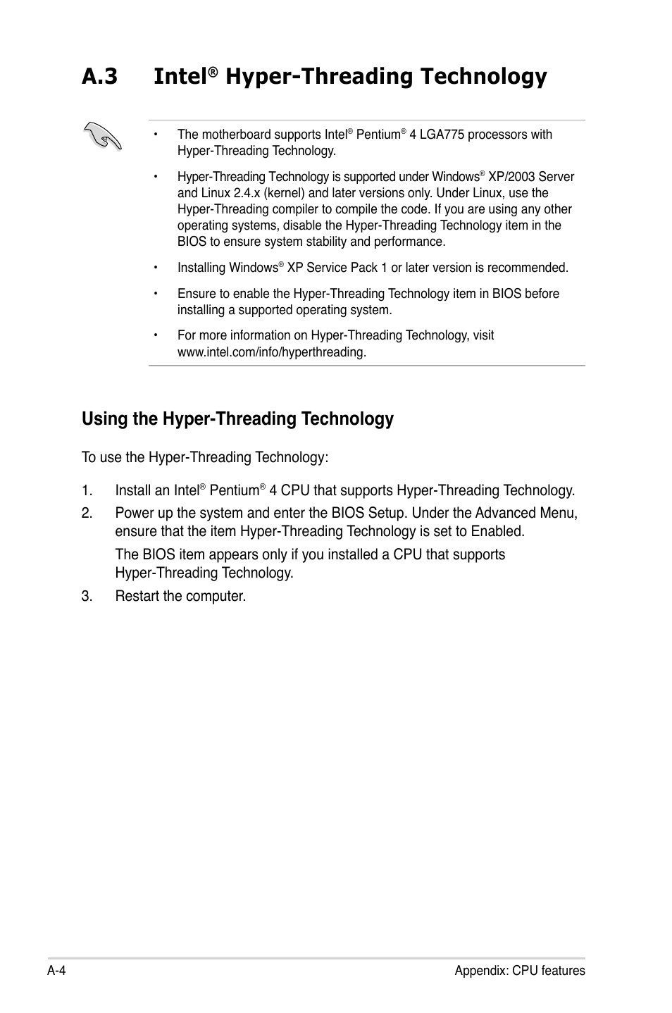 A.3 intel, Hyper-threading technology, Using the hyper-threading technology | Asus P5KPL-E User Manual | Page 98 / 98