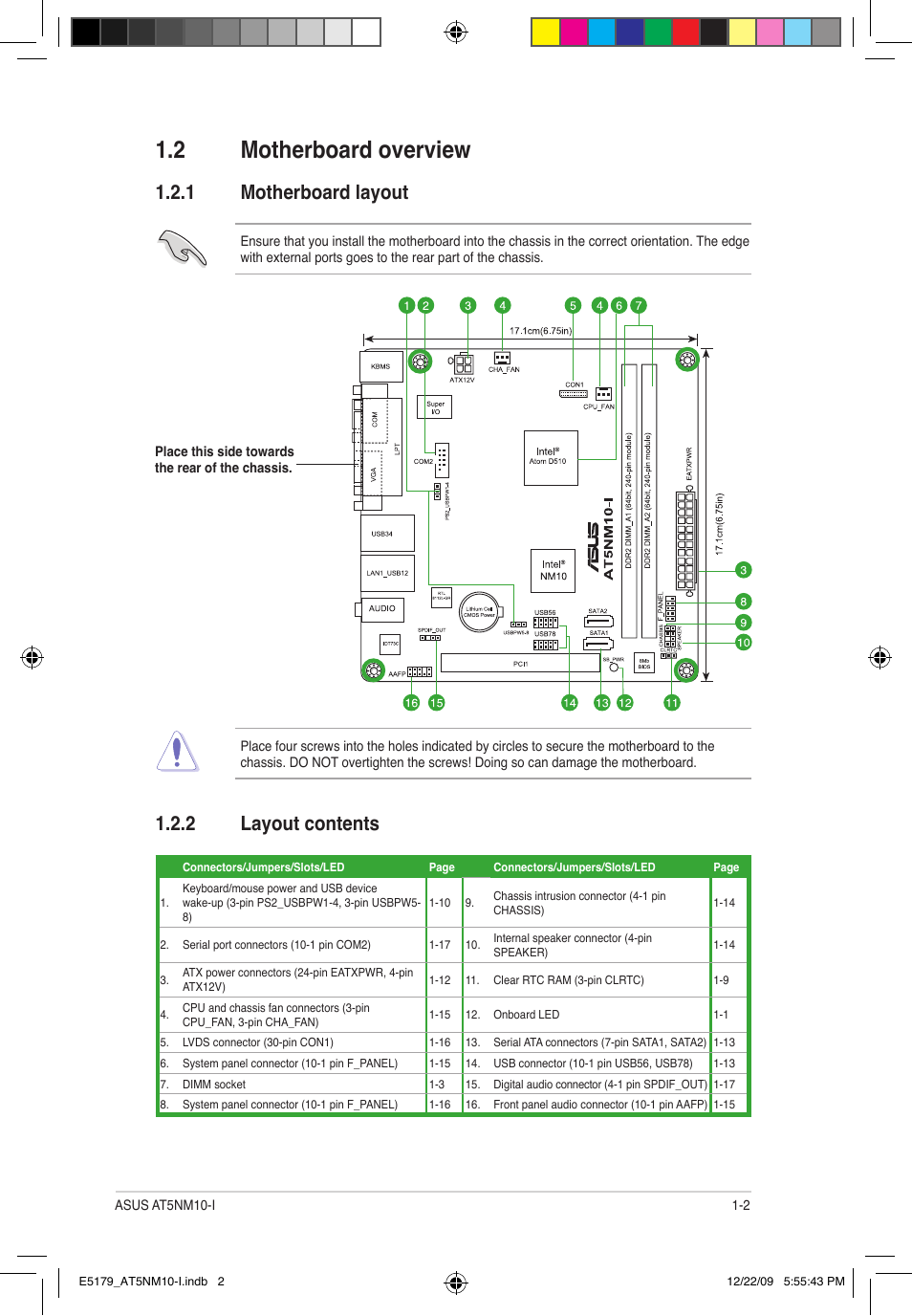 2 motherboard overview, 2 layout contents, 1 motherboard layout | Asus AT5NM10-I User Manual | Page 11 / 43