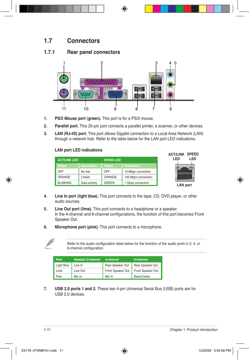 7 connectors, 1 rear panel connectors | Asus AT5NM10-I User Manual | Page 20 / 43