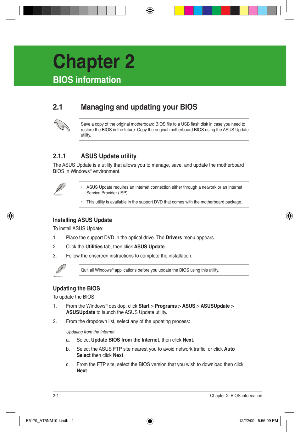 Chapter 2, Bios information, 1 managing and updating your bios | Asus AT5NM10-I User Manual | Page 28 / 43