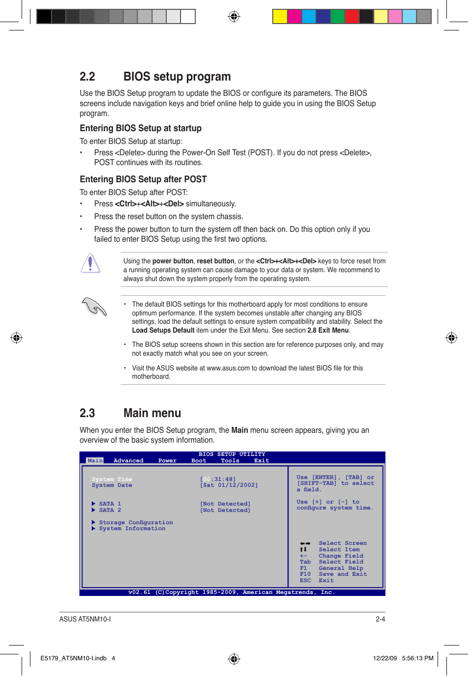 3 main menu, 2 bios setup program, Entering bios setup at startup | Entering bios setup after post | Asus AT5NM10-I User Manual | Page 31 / 43