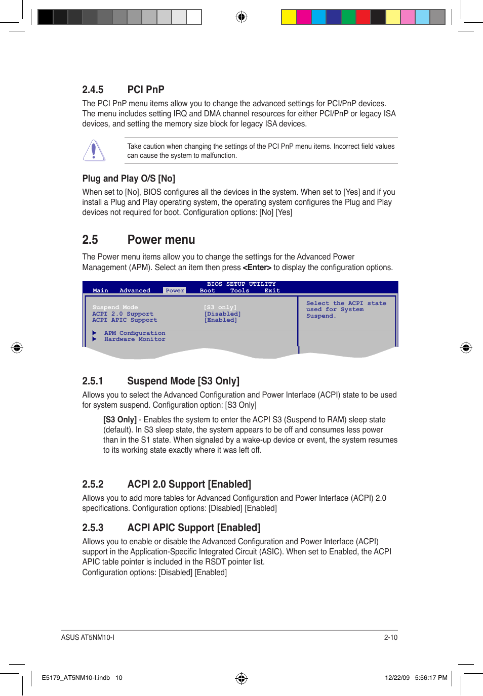 5 power menu, 5 pci pnp, 1 suspend mode [s3 only | 2 acpi 2.0 support [enabled, 3 acpi apic support [enabled | Asus AT5NM10-I User Manual | Page 37 / 43