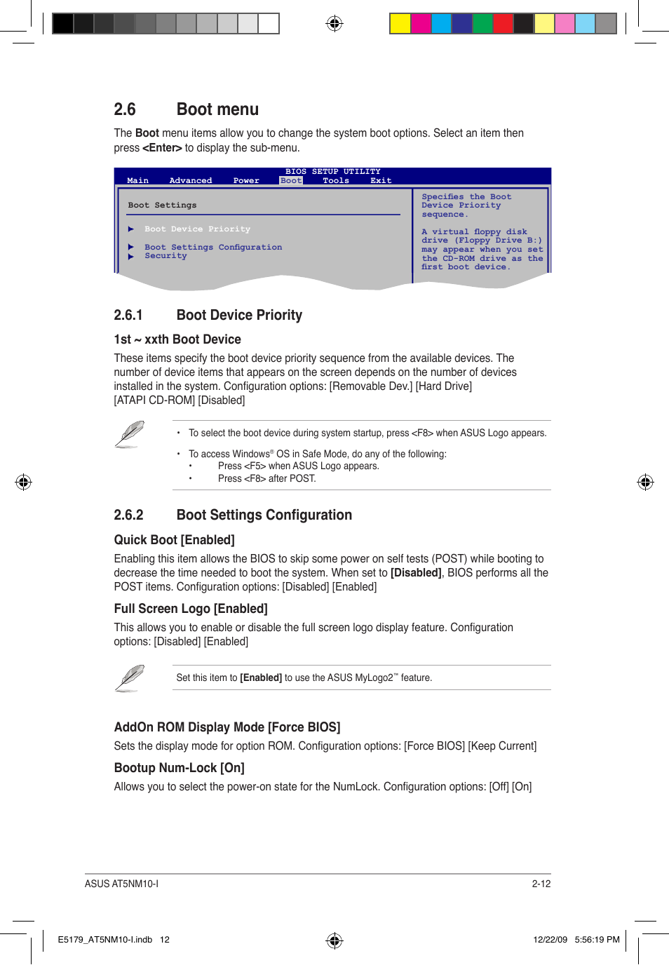 6 boot menu, 1 boot device priority, 2 boot settings configuration | Asus AT5NM10-I User Manual | Page 39 / 43