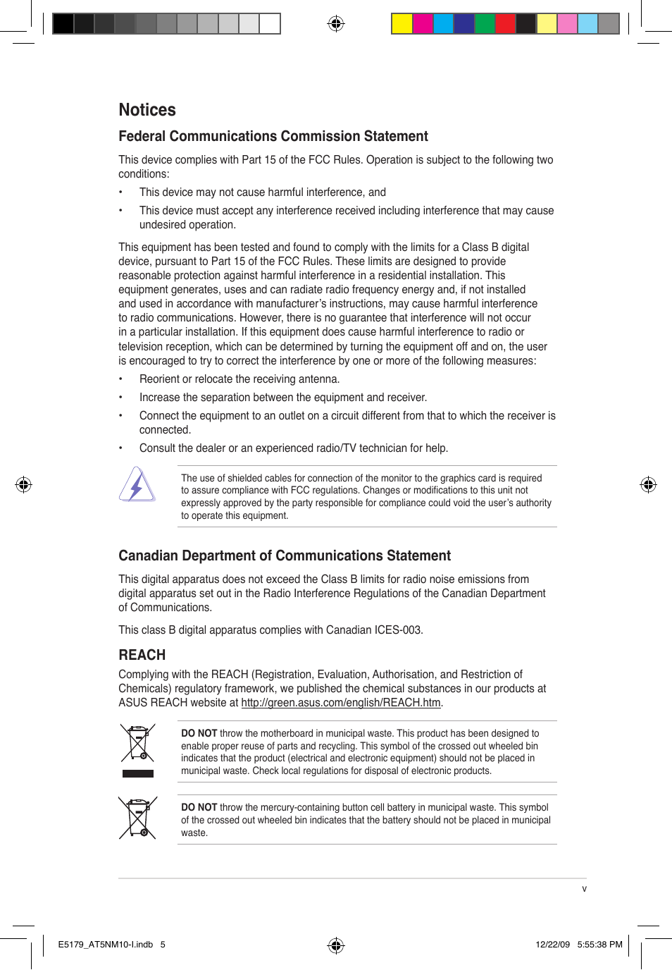 Notices, Federal communications commission statement, Canadian department of communications statement | Reach | Asus AT5NM10-I User Manual | Page 5 / 43