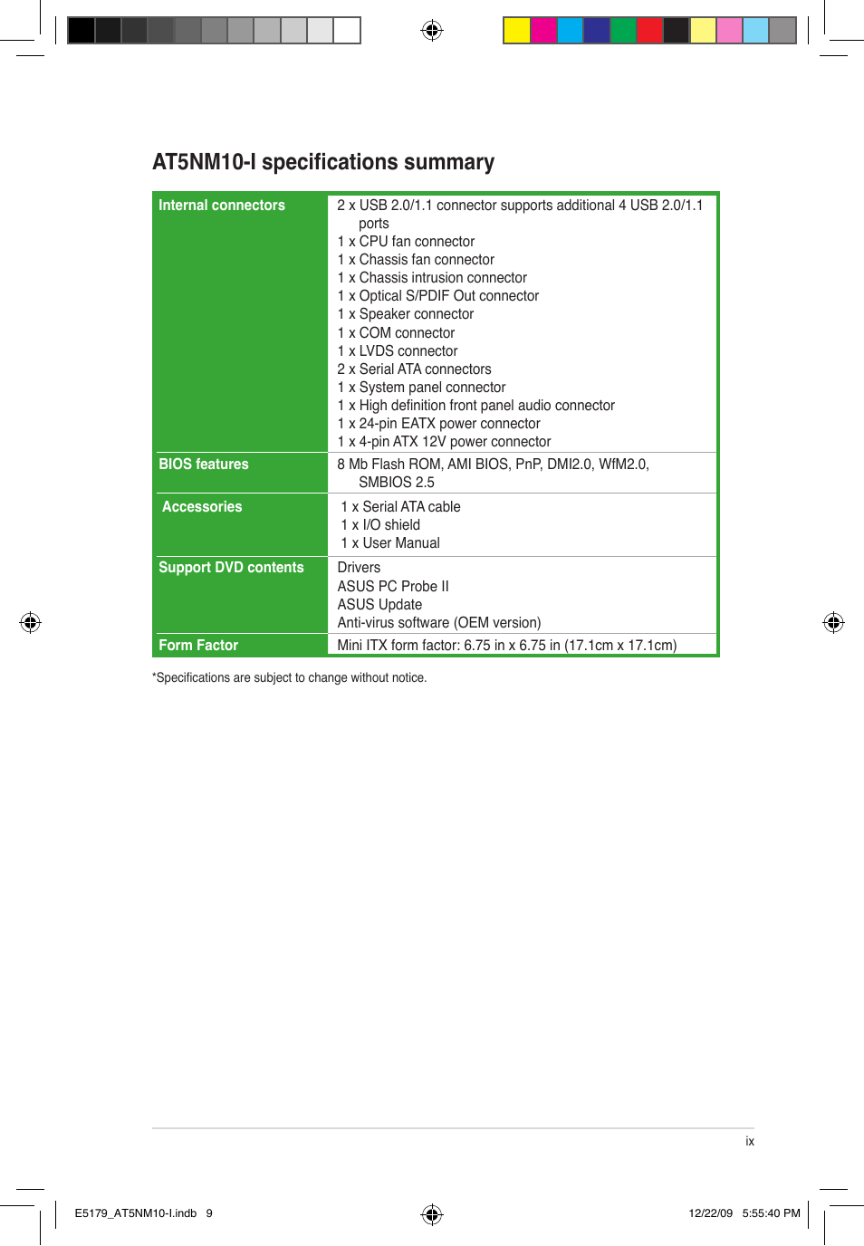 At5nm10-i specifications summary | Asus AT5NM10-I User Manual | Page 9 / 43