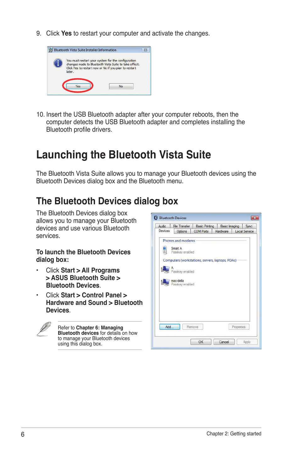 Launching the bluetooth vista suite, The bluetooth devices dialog box | Asus USB-BT211 User Manual | Page 11 / 41