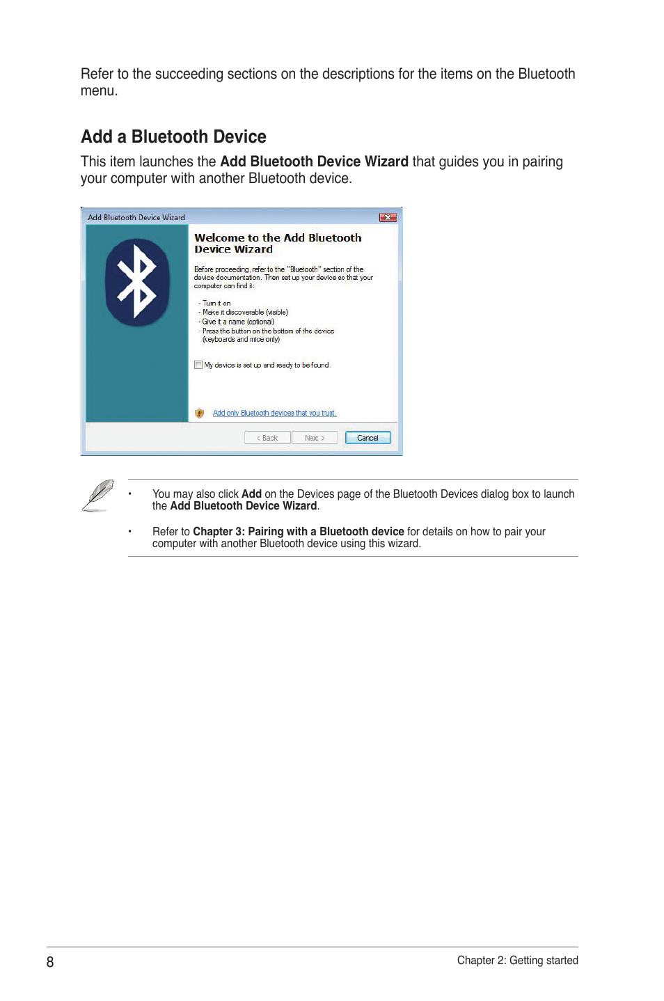 Add a bluetooth device | Asus USB-BT211 User Manual | Page 13 / 41