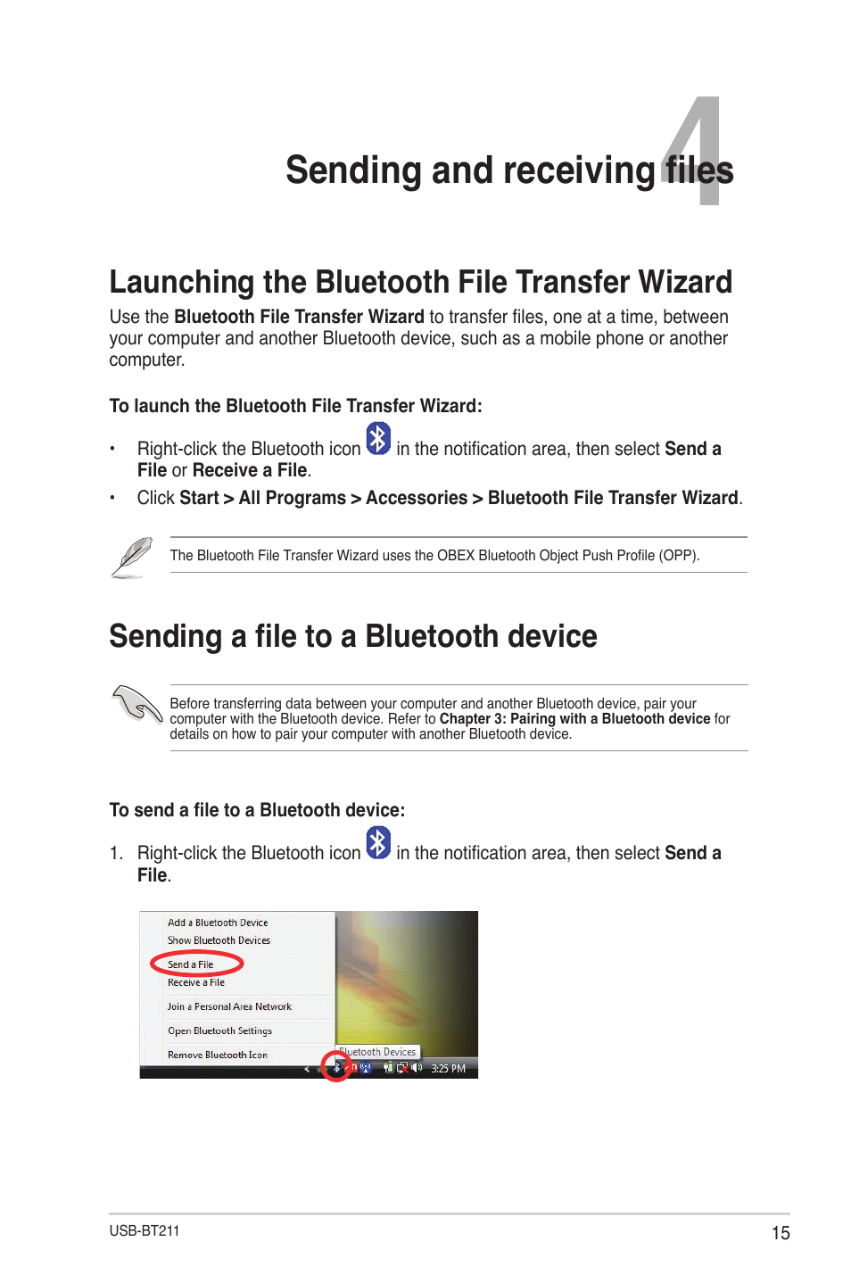Chapter 4: sending and receiving files, Launching the bluetooth file transfer wizard, Sending a file to a bluetooth device | Sending and receiving files | Asus USB-BT211 User Manual | Page 20 / 41