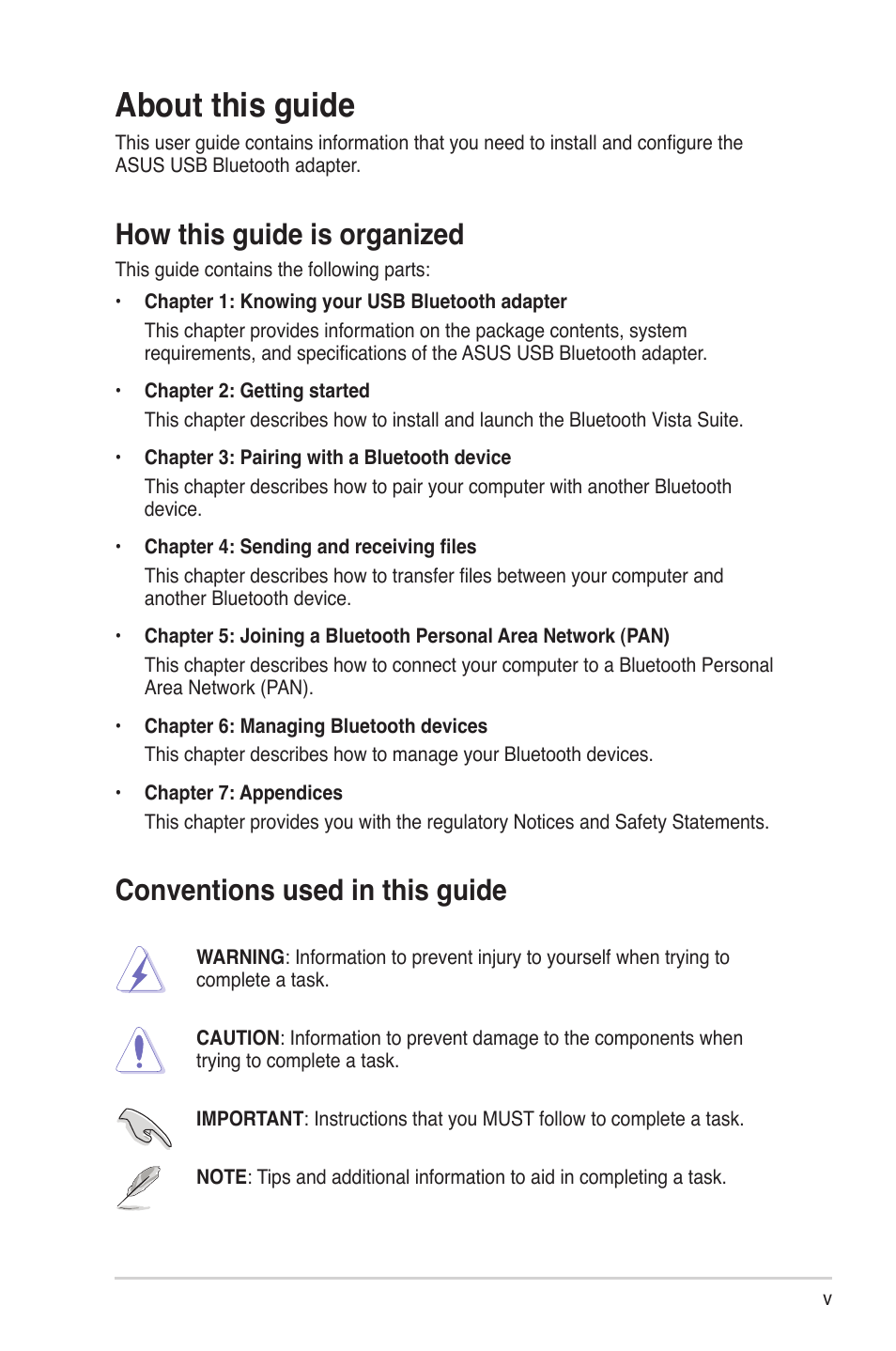 About this guide, Conventions used in this guide, How this guide is organized | Asus USB-BT211 User Manual | Page 5 / 41