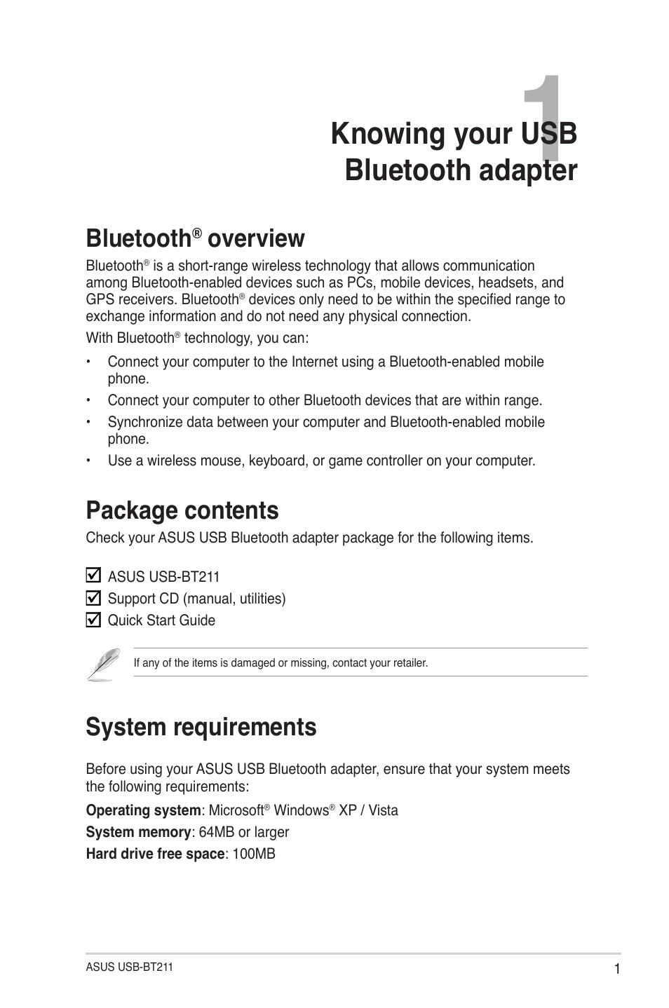 Chapter 1: knowing your usb bluetooth adapter, Bluetooth® overview, Package contents | System requirements, Knowing your usb bluetooth adapter, Bluetooth, Overview, Package contents system requirements | Asus USB-BT211 User Manual | Page 6 / 41