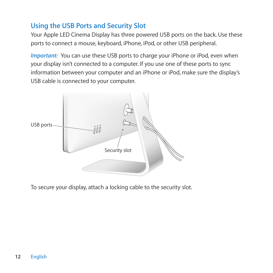 Using the usb ports and security slot | Apple LED Cinema Display (27) User Manual | Page 12 / 100