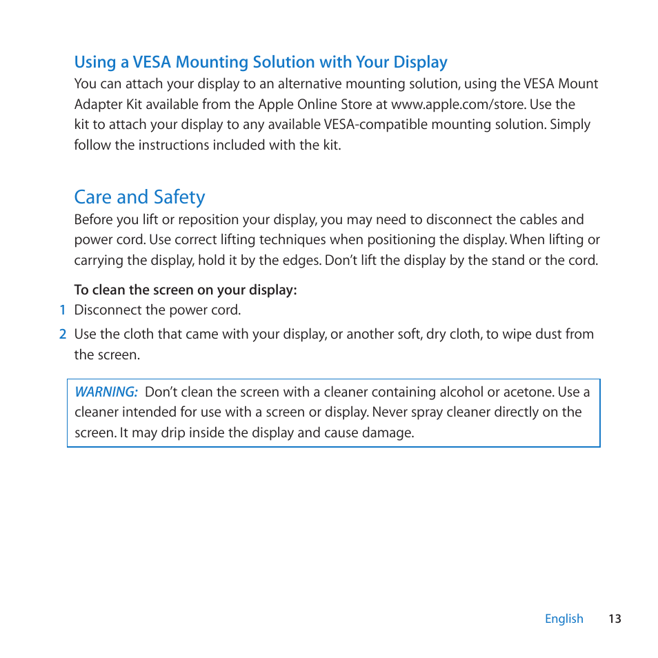 Care and safety, 13 care and safety, Using a vesa mounting solution with your display | Apple LED Cinema Display (27) User Manual | Page 13 / 100