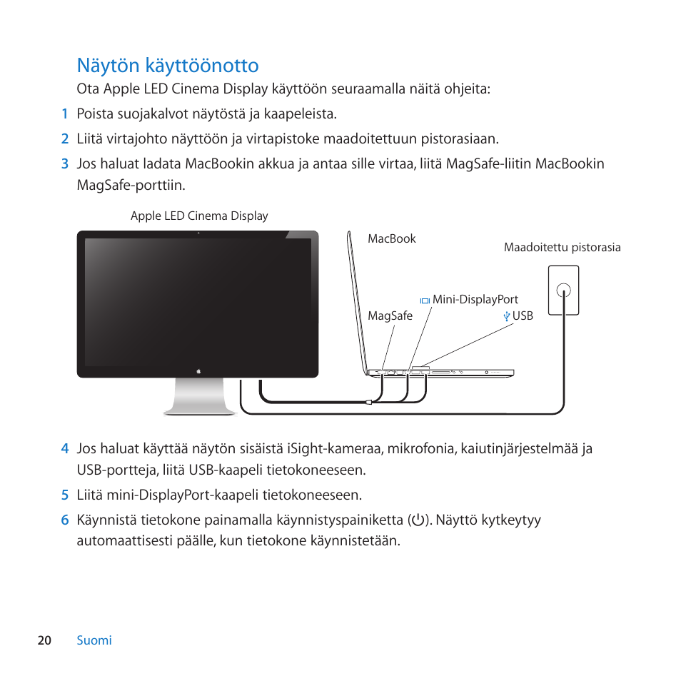 Näytön käyttöönotto, 20 näytön käyttöönotto | Apple LED Cinema Display (27) User Manual | Page 20 / 100