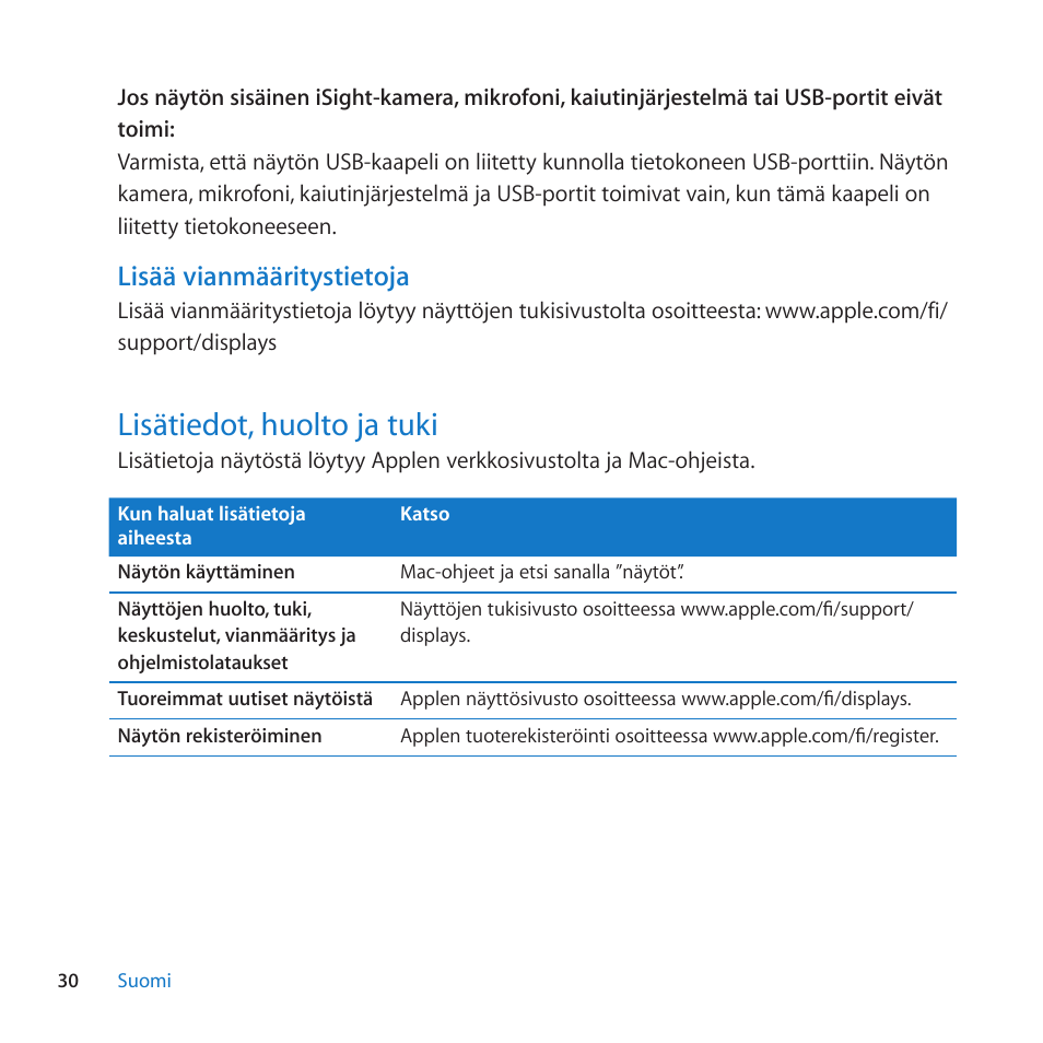 Lisätiedot, huolto ja tuki, 30 lisätiedot, huolto ja tuki, Lisää vianmääritystietoja | Apple LED Cinema Display (27) User Manual | Page 30 / 100