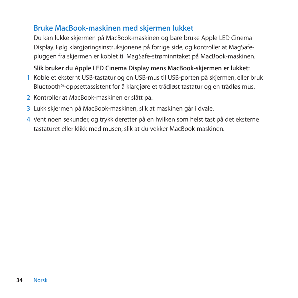 Bruke macbook-maskinen med skjermen lukket | Apple LED Cinema Display (27) User Manual | Page 34 / 100