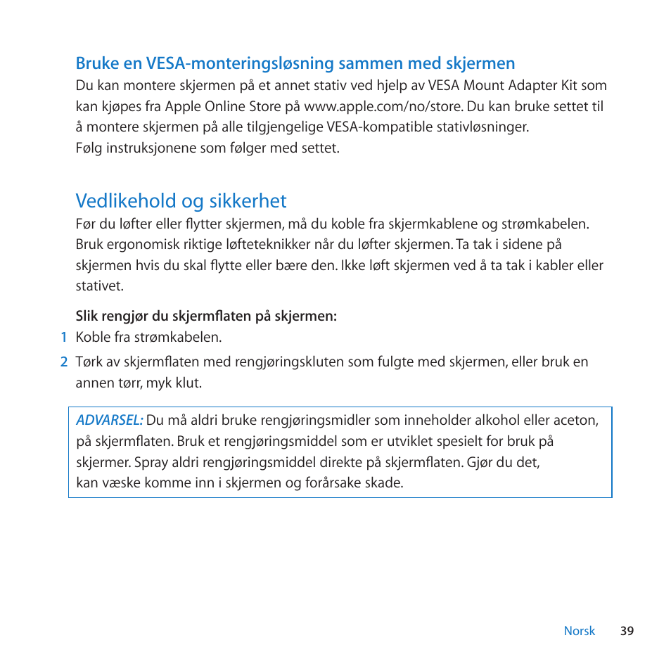 Vedlikehold og sikkerhet, 39 vedlikehold og sikkerhet | Apple LED Cinema Display (27) User Manual | Page 39 / 100