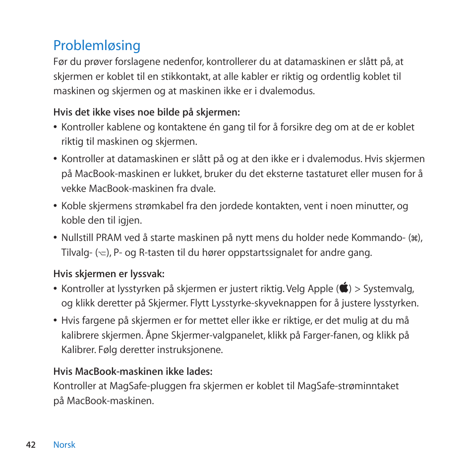 Problemløsing, 42 problemløsing | Apple LED Cinema Display (27) User Manual | Page 42 / 100