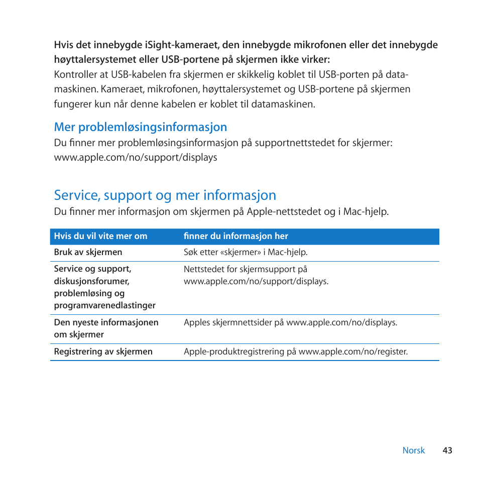 Service, support og mer informasjon, 43 service, support og mer informasjon, Mer problemløsingsinformasjon | Apple LED Cinema Display (27) User Manual | Page 43 / 100