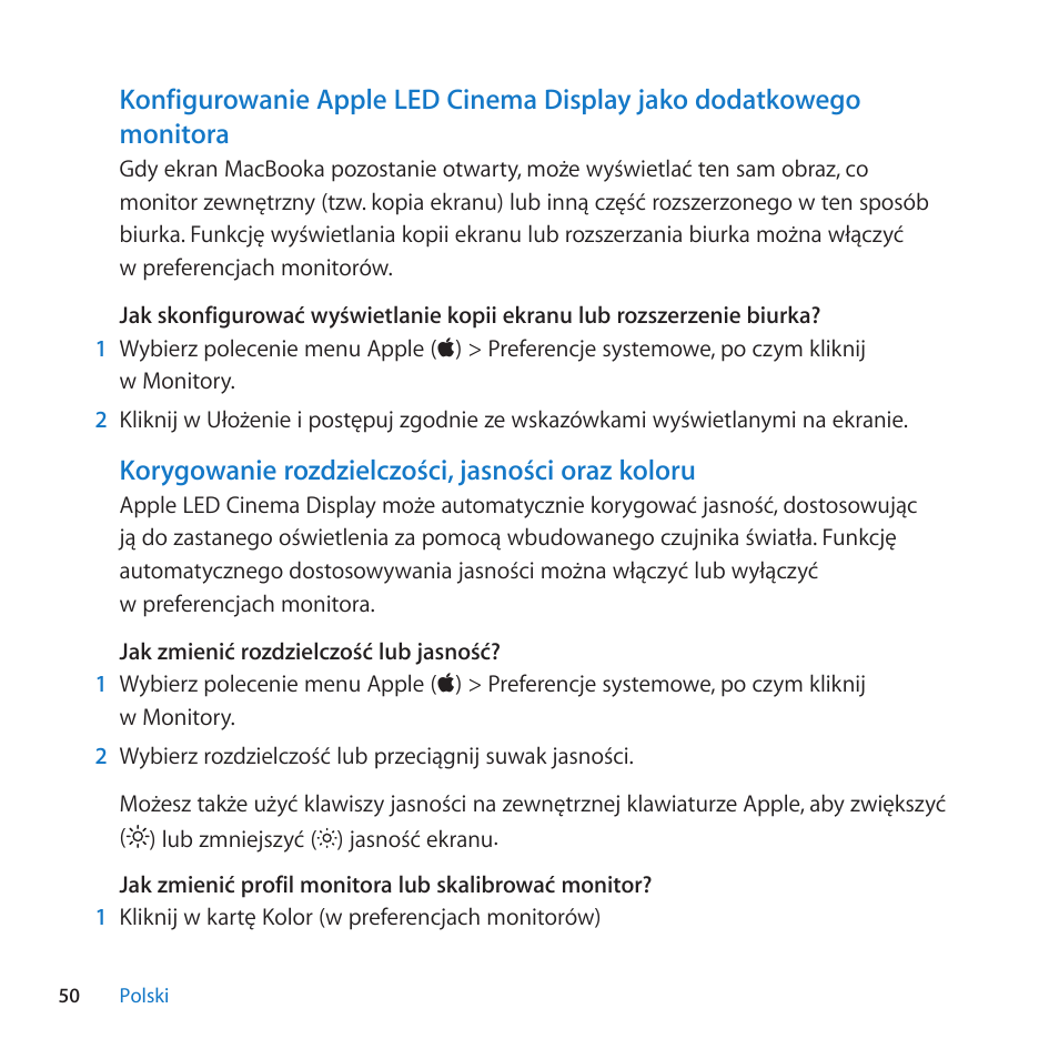 Korygowanie rozdzielczości, jasności oraz koloru | Apple LED Cinema Display (27) User Manual | Page 50 / 100