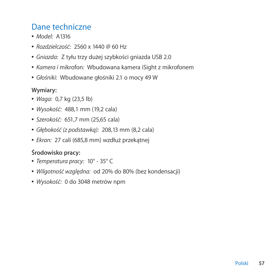 Dane techniczne, 57 dane techniczne | Apple LED Cinema Display (27) User Manual | Page 57 / 100