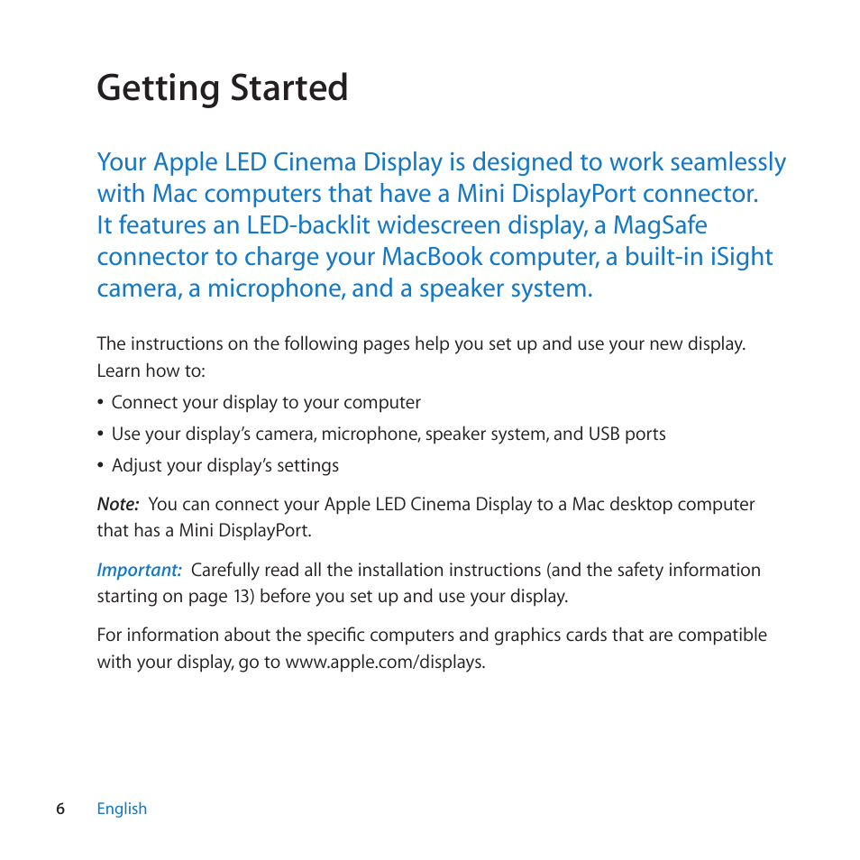 Getting started | Apple LED Cinema Display (27) User Manual | Page 6 / 100