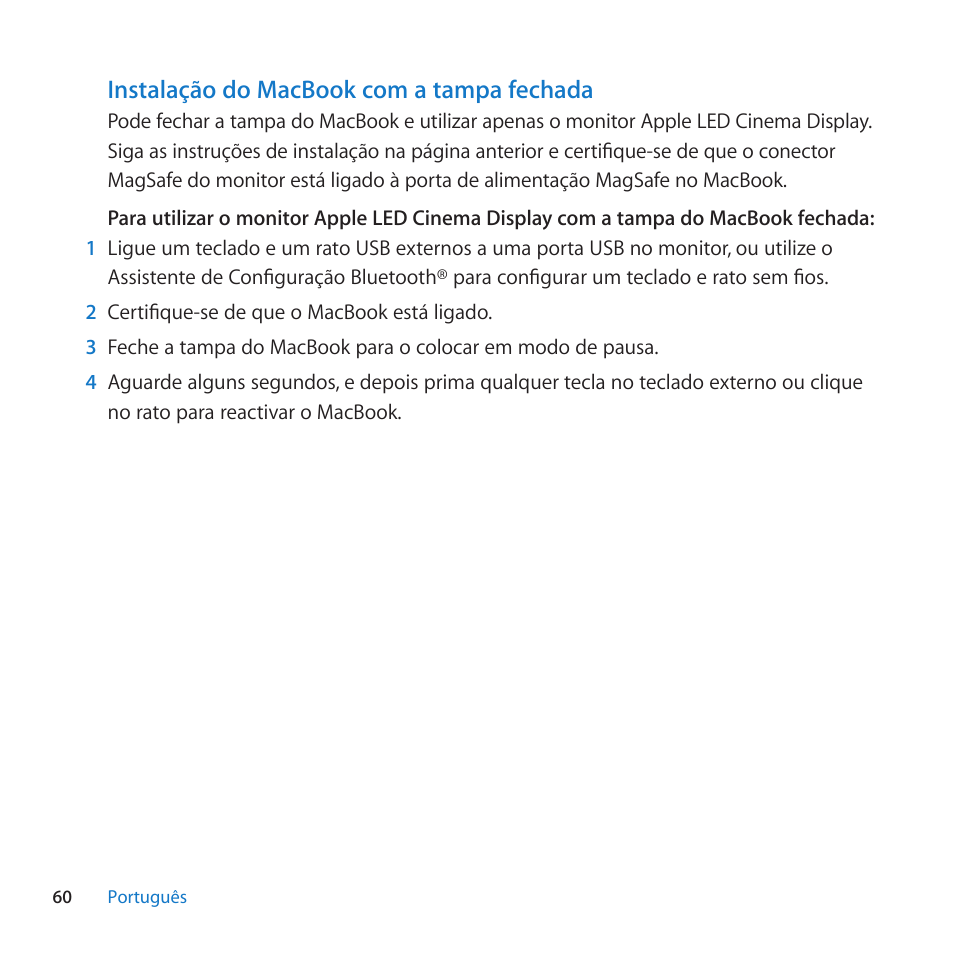 Instalação do macbook com a tampa fechada | Apple LED Cinema Display (27) User Manual | Page 60 / 100