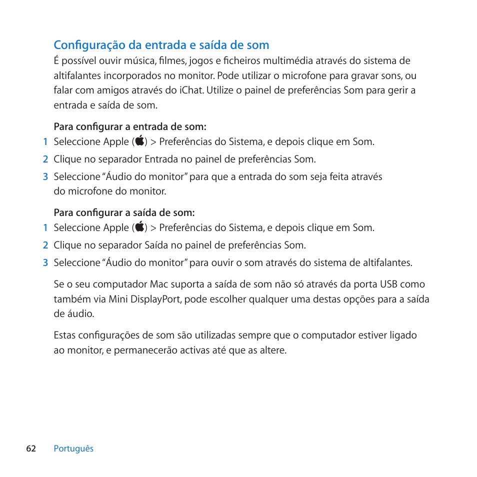 Configuração da entrada e saída de som | Apple LED Cinema Display (27) User Manual | Page 62 / 100