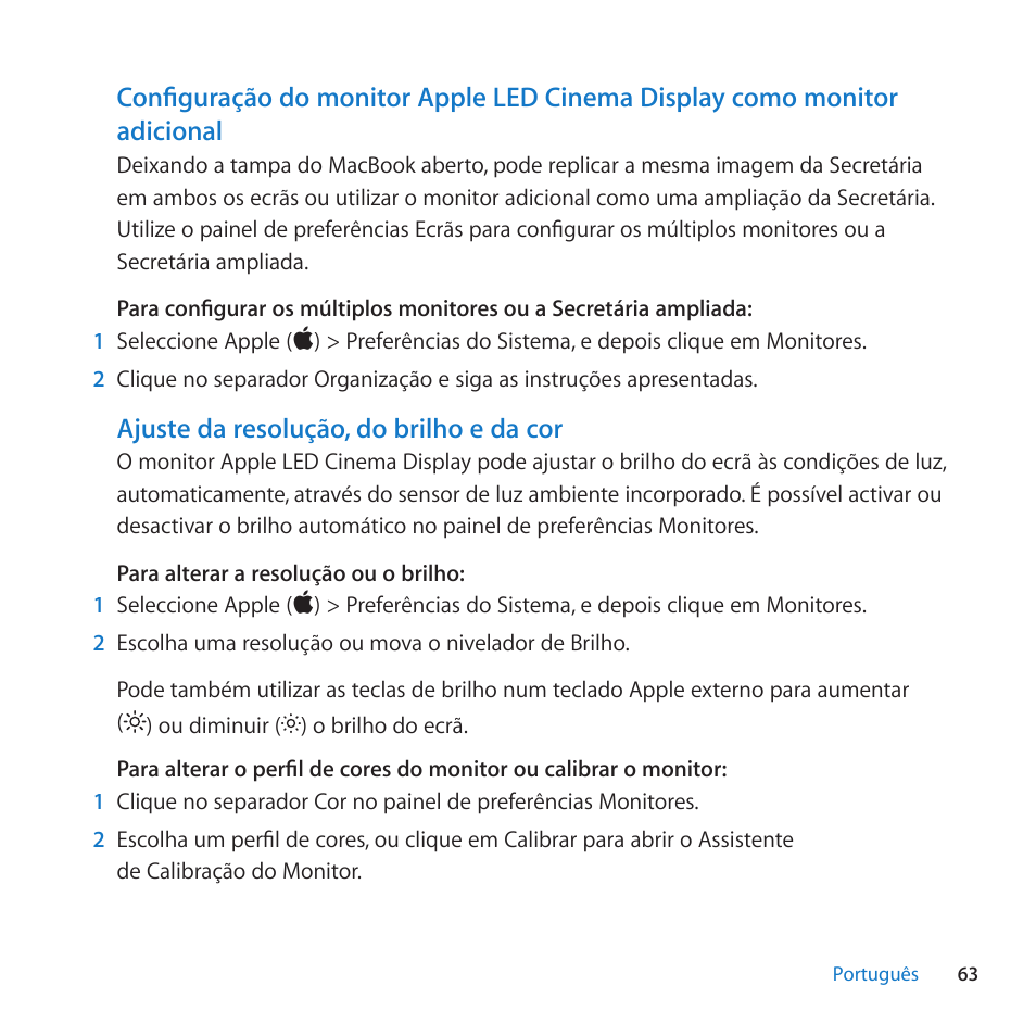 Ajuste da resolução, do brilho e da cor | Apple LED Cinema Display (27) User Manual | Page 63 / 100