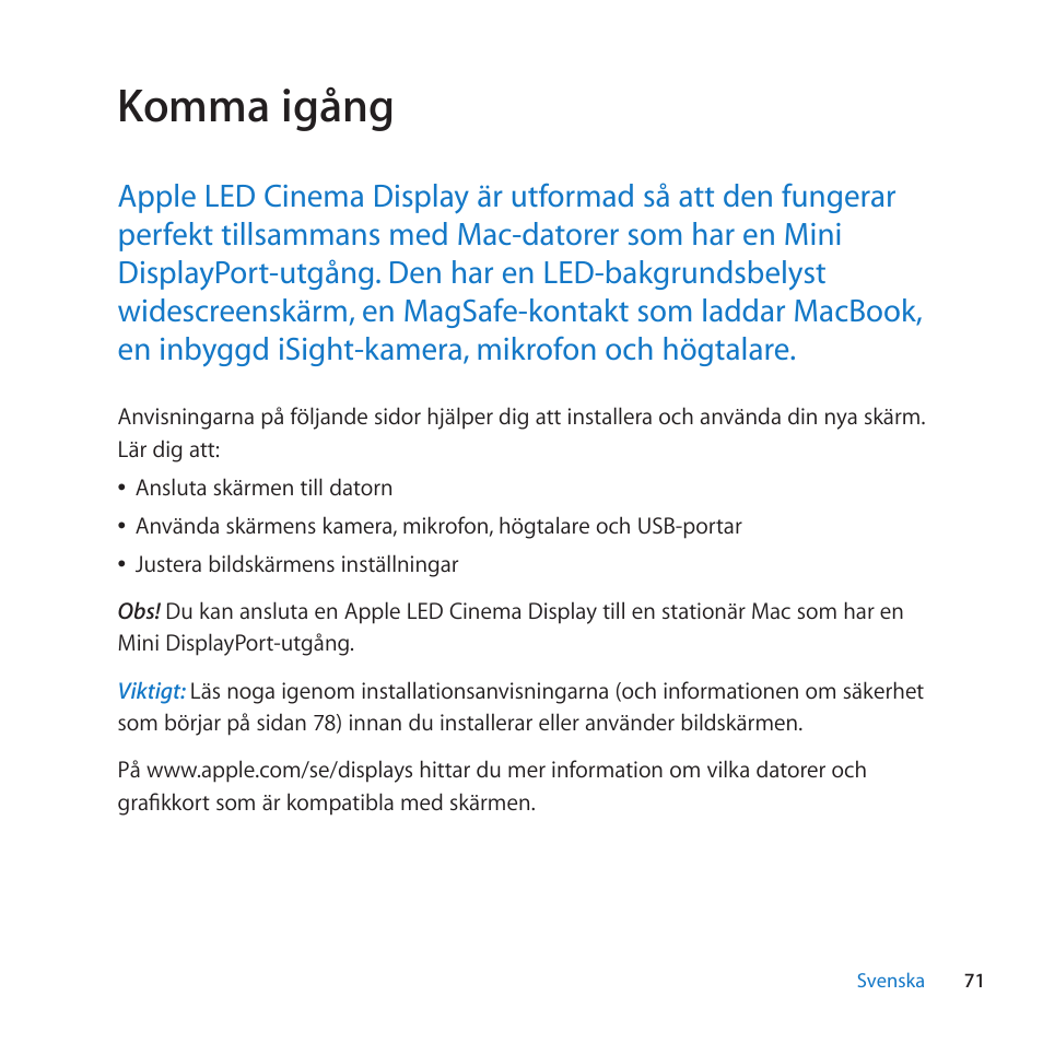 Komma igång | Apple LED Cinema Display (27) User Manual | Page 71 / 100