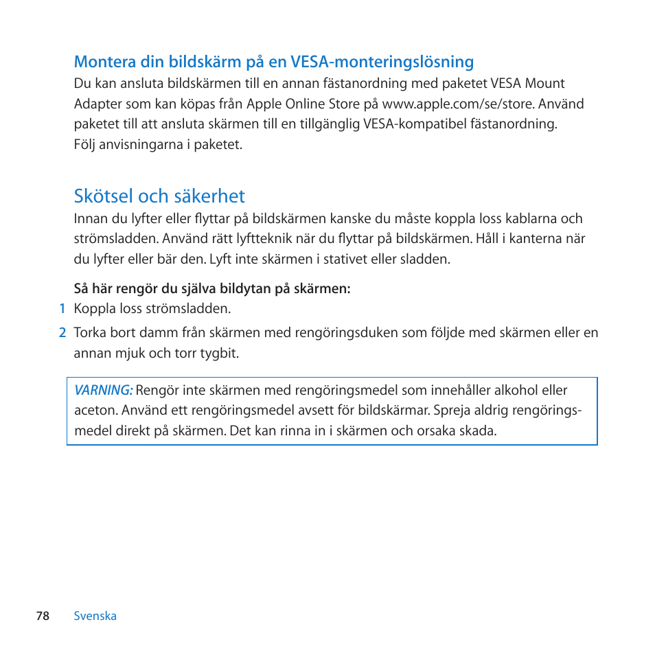 Skötsel och säkerhet, 78 skötsel och säkerhet, Montera din bildskärm på en vesa-monteringslösning | Apple LED Cinema Display (27) User Manual | Page 78 / 100