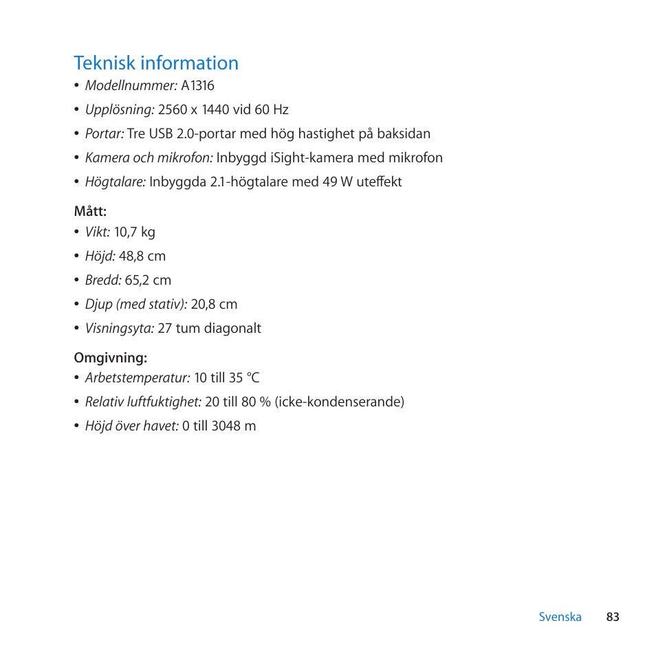 Teknisk information, 83 teknisk information | Apple LED Cinema Display (27) User Manual | Page 83 / 100