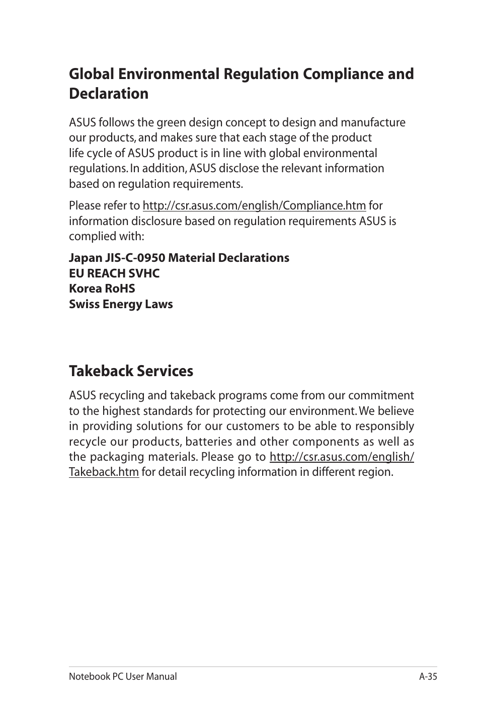 Takeback services | Asus UL80Jt User Manual | Page 109 / 114