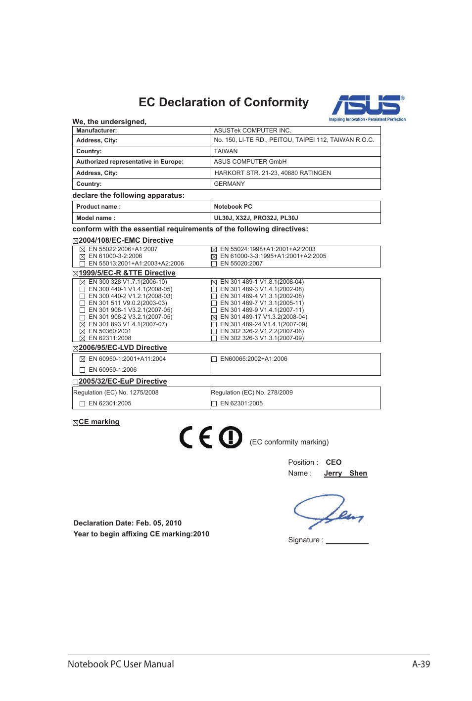 Ec declaration of conformity | Asus UL80Jt User Manual | Page 113 / 114