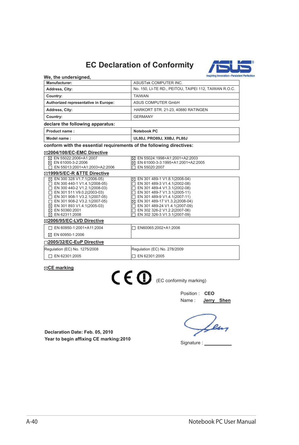 Ec declaration of conformity | Asus UL80Jt User Manual | Page 114 / 114