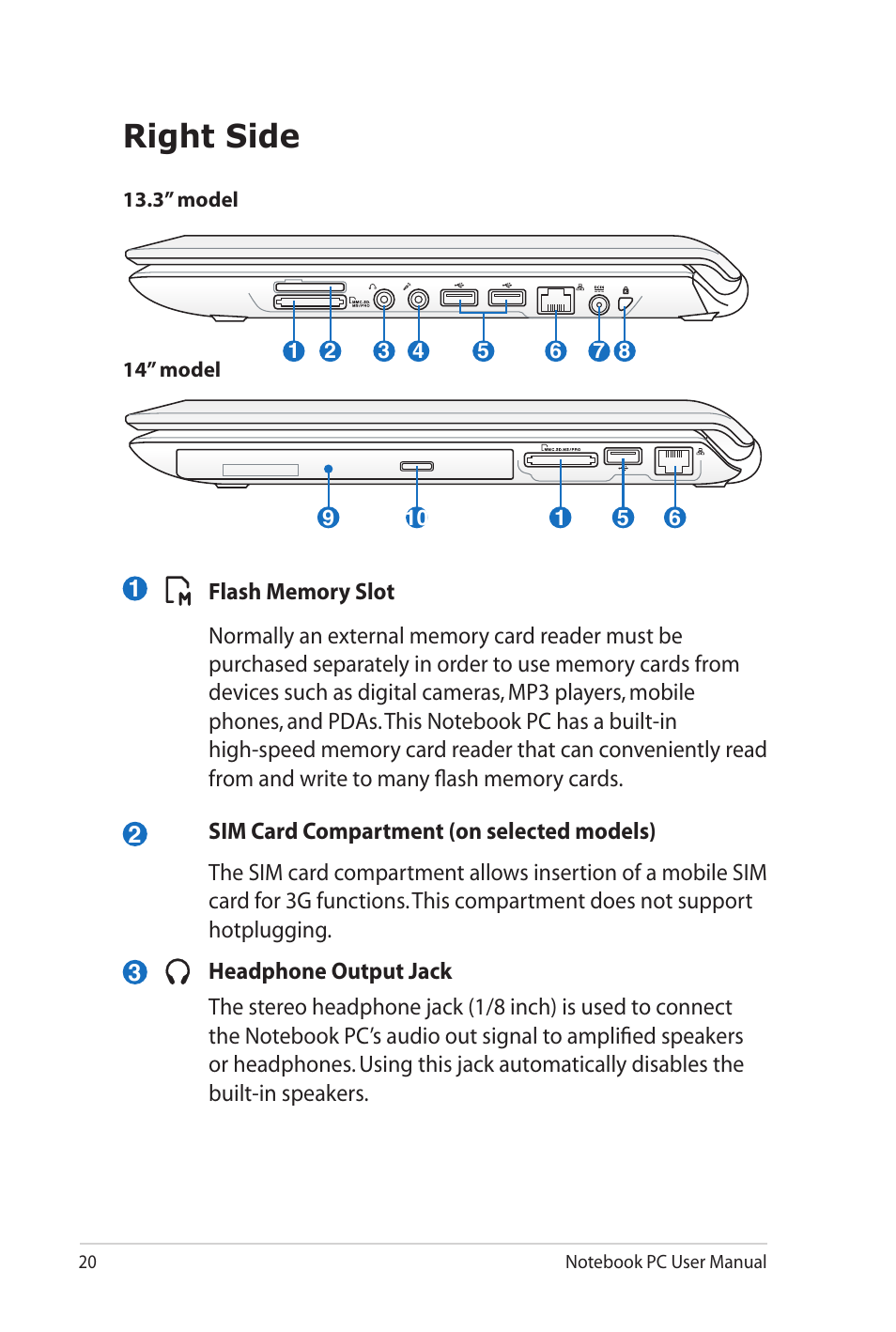 Right side | Asus UL80Jt User Manual | Page 20 / 114