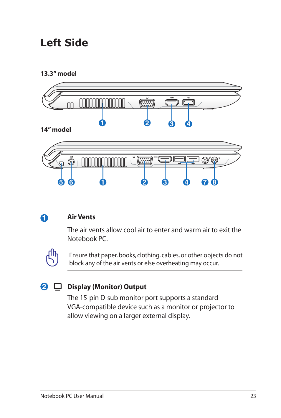 Left side | Asus UL80Jt User Manual | Page 23 / 114